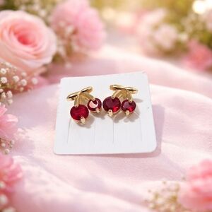 Gold-Tone Red Crystal Cherry Stud Earrings - Women Jewelry